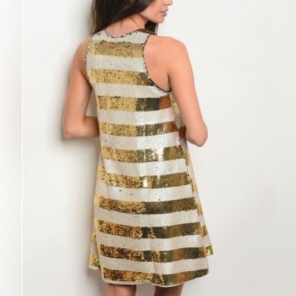 Ellison Ivory and Gold Sequin Shift Cocktail Dress Size Medium - Picture 2 of 11